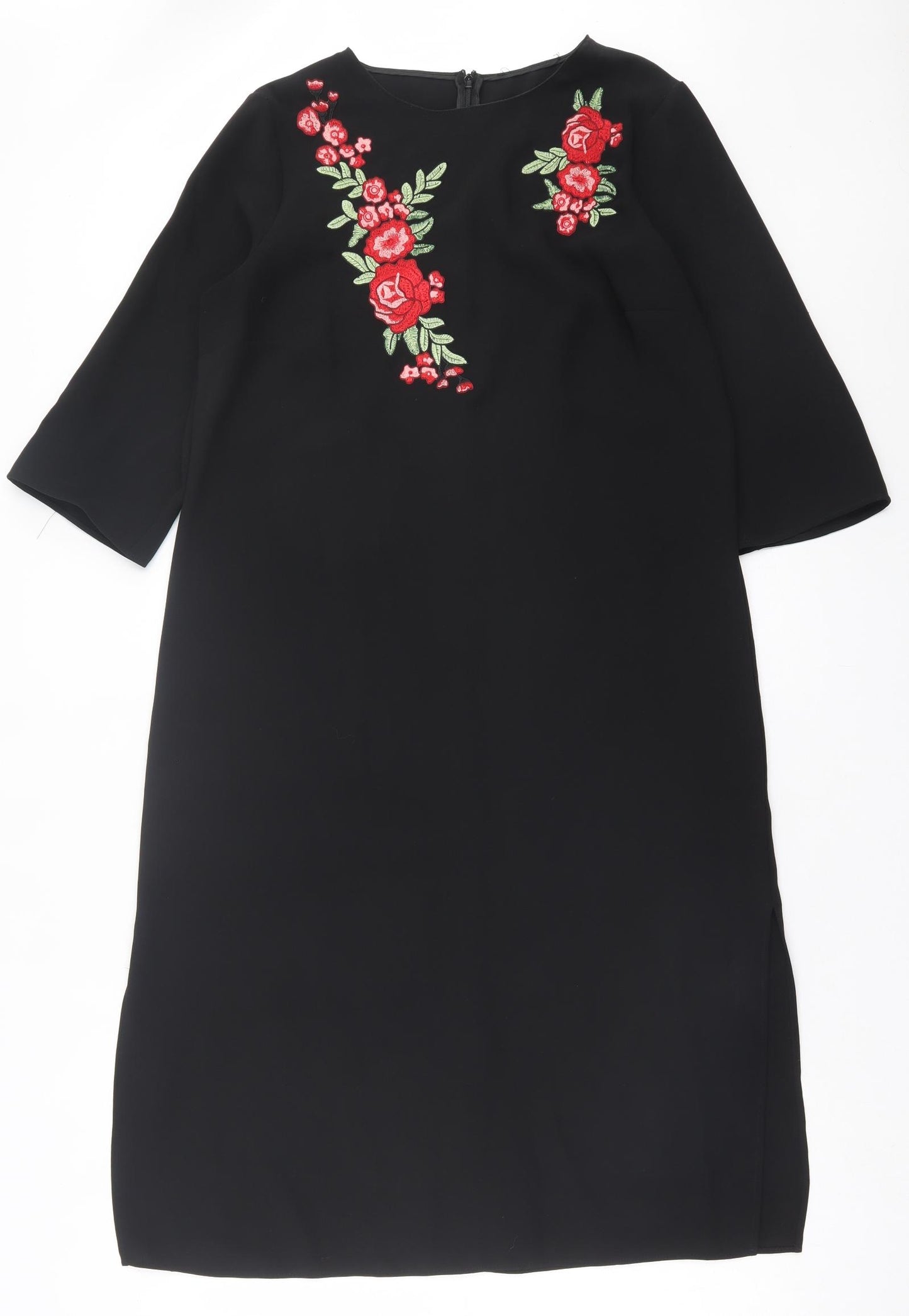 F&F Womens Black Floral Polyester A-Line Size 14 Crew Neck Zip