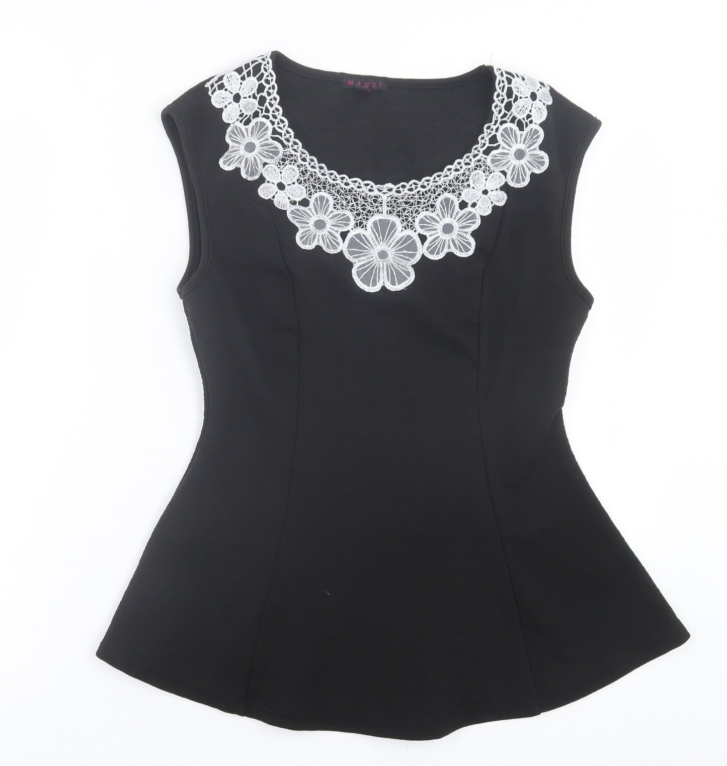 MANDI Womens Black Floral Polyester Basic Tank Size 12 Crew Neck