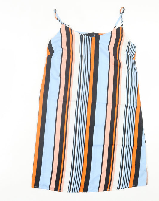 Front view of Atmosphere women’s multicoloured striped polyester a-line, size S, v-neck pullover