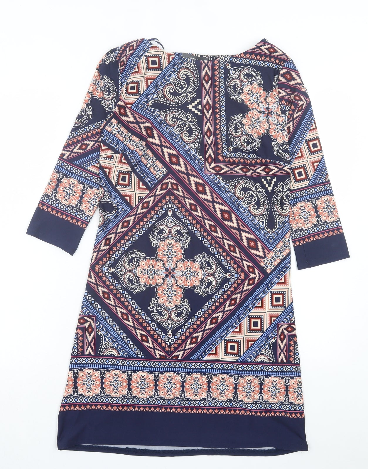 Primark Womens Blue Geometric Polyester A-Line Size 12 Crew Neck Pullover