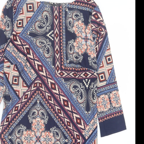 Primark Womens Blue Geometric Polyester A-Line Size 12 Crew Neck Pullover