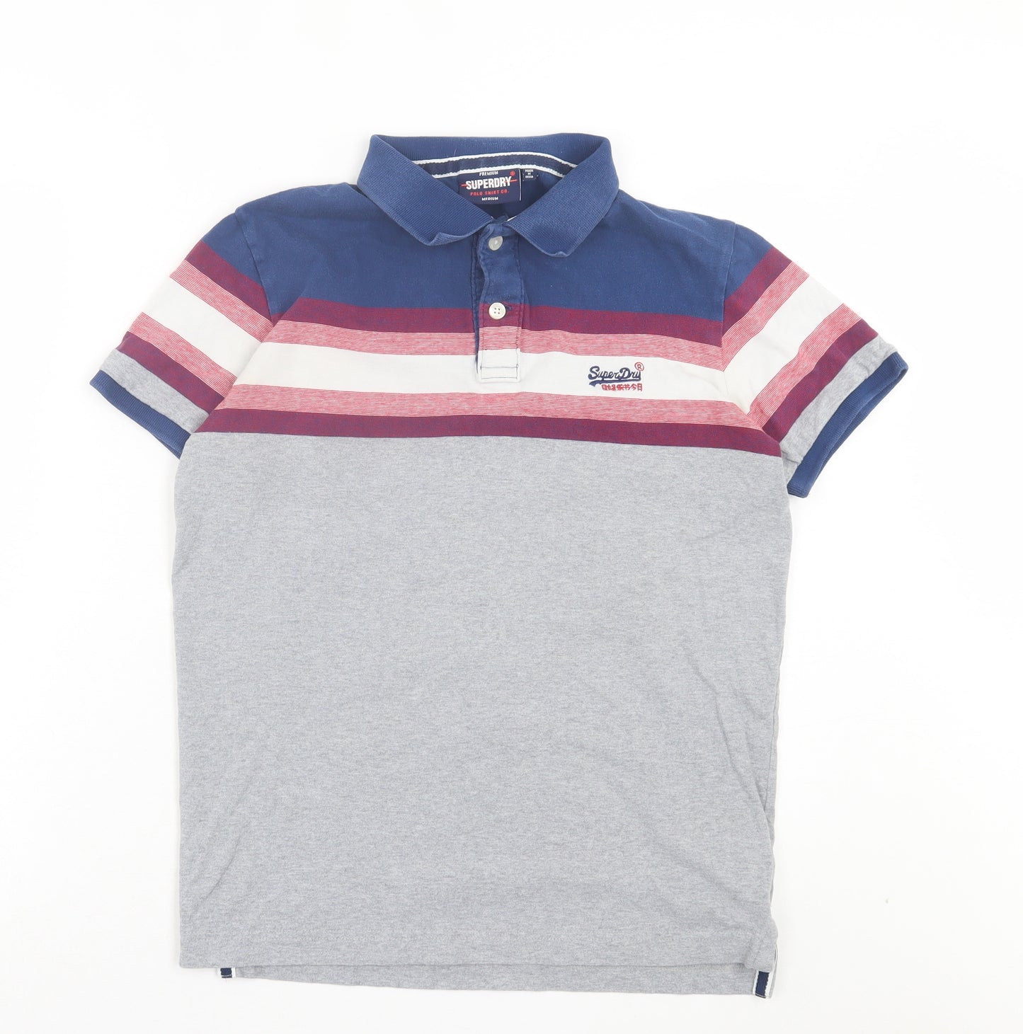 Superdry Mens Grey Striped Cotton Polo Size M Collared Button