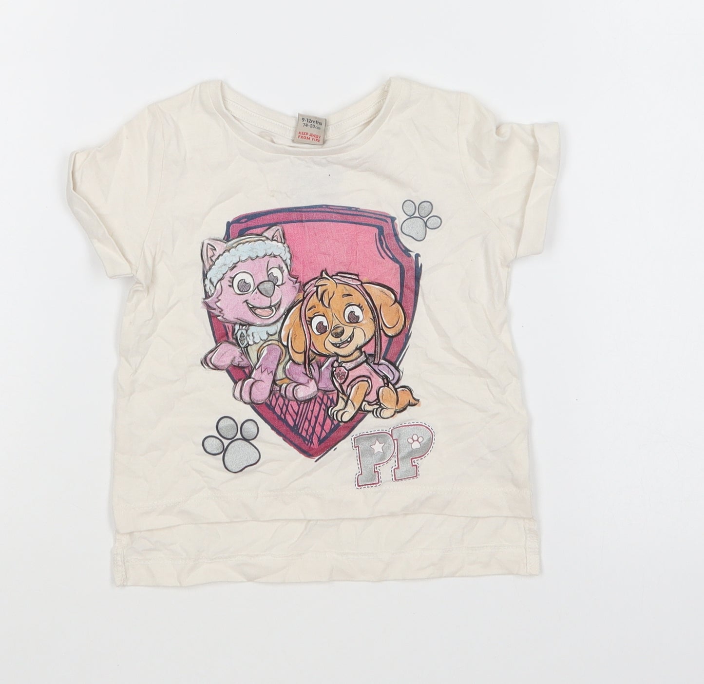 TU Girls White Cotton Basic T-Shirt Size 9-12 Months Round Neck Pullover - Paw Patrol
