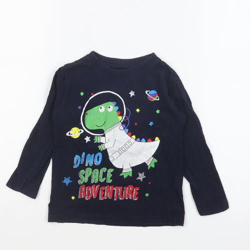 M&Co Boys Blue Cotton Basic T-Shirt Size 3 Years Round Neck Pullover - Dino Space Adventure