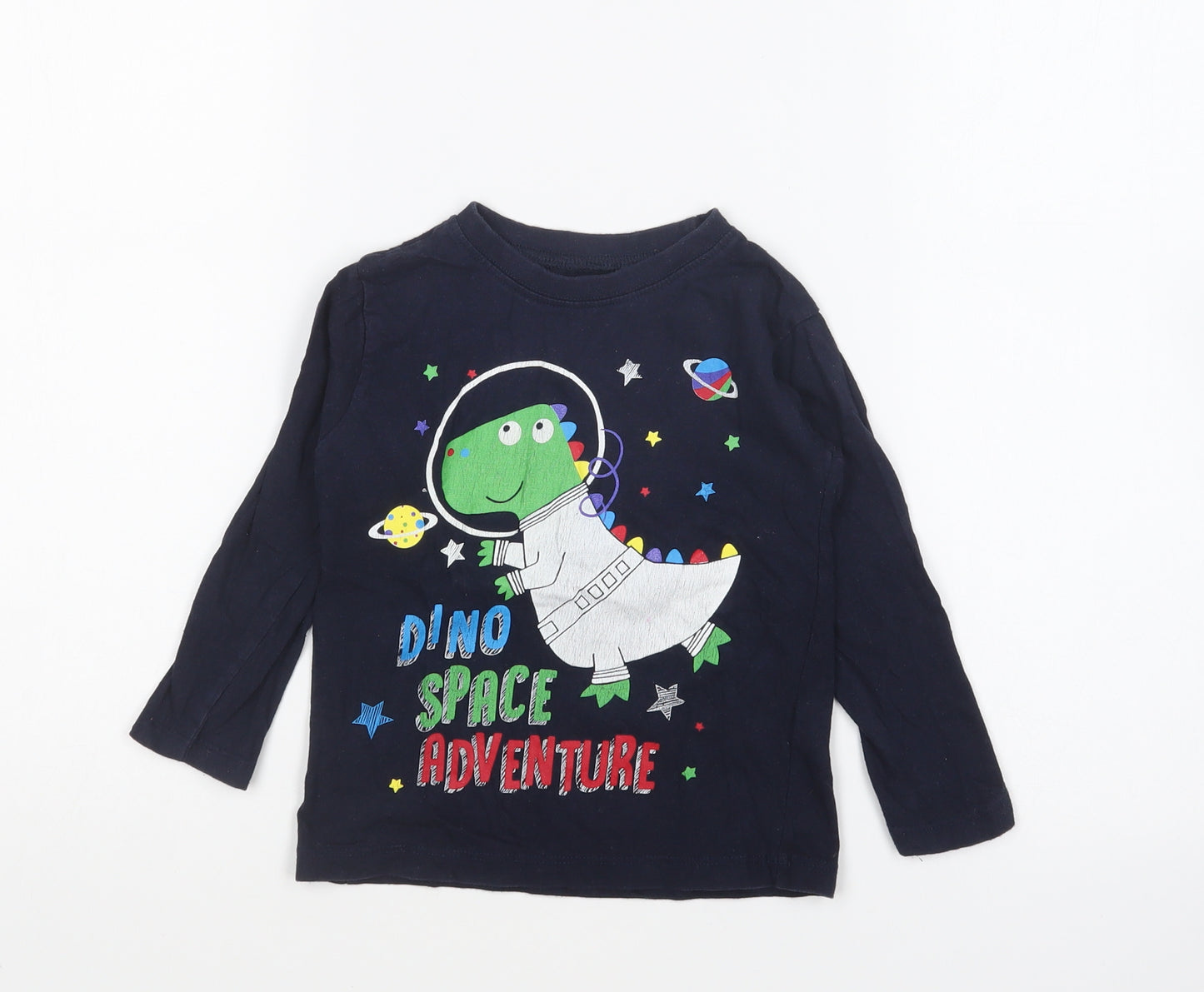 M&Co Boys Blue Cotton Basic T-Shirt Size 3 Years Round Neck Pullover - Dino Space Adventure