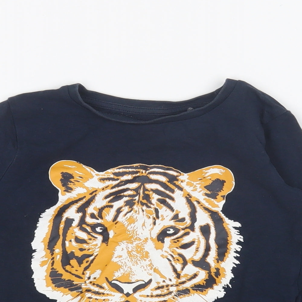 name it Boys Blue Cotton Basic T-Shirt Size 12-18 Months Round Neck Pullover - Tiger