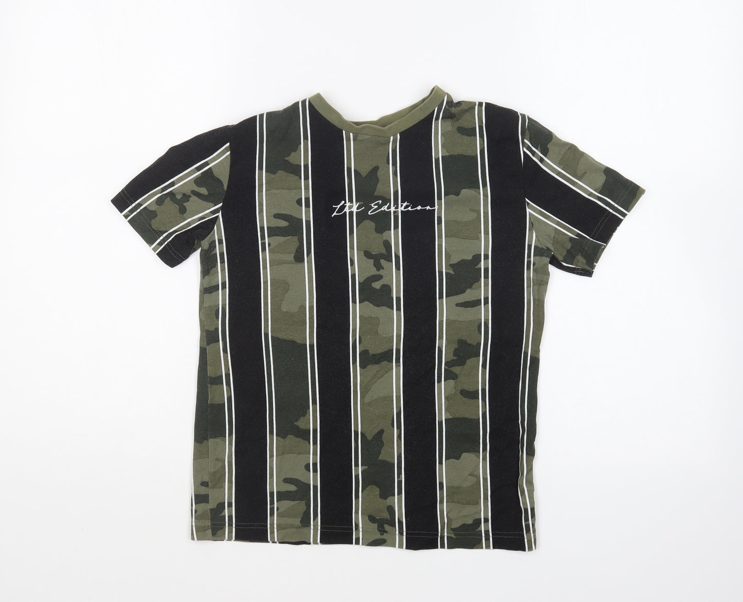 NEXT Boys Green Camouflage Cotton Basic T-Shirt Size 8 Years Round Neck Pullover - Striped.
