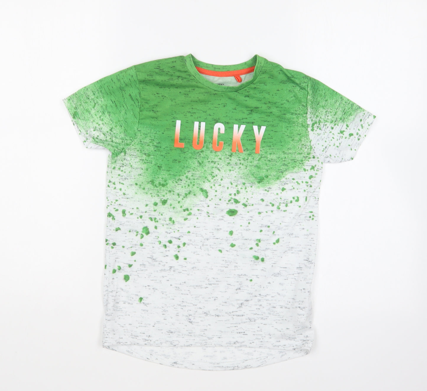Primark Boys Green Polyester Basic T-Shirt Size 8-9 Years Round Neck Pullover - Lucky