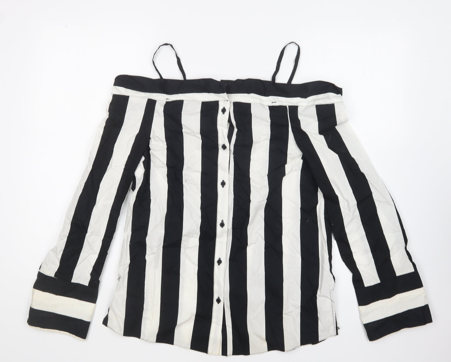 Topshop Womens Black Striped Cotton Basic Button-Up Size 10 Collared