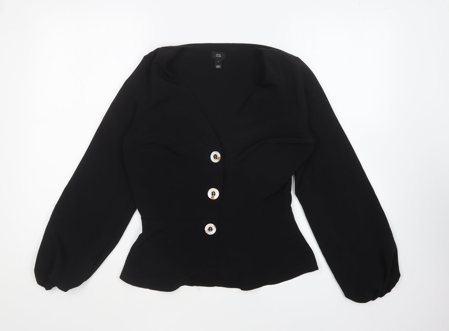 River Island Womens Black Polyester Basic Button-Up Size 10 V-Neck