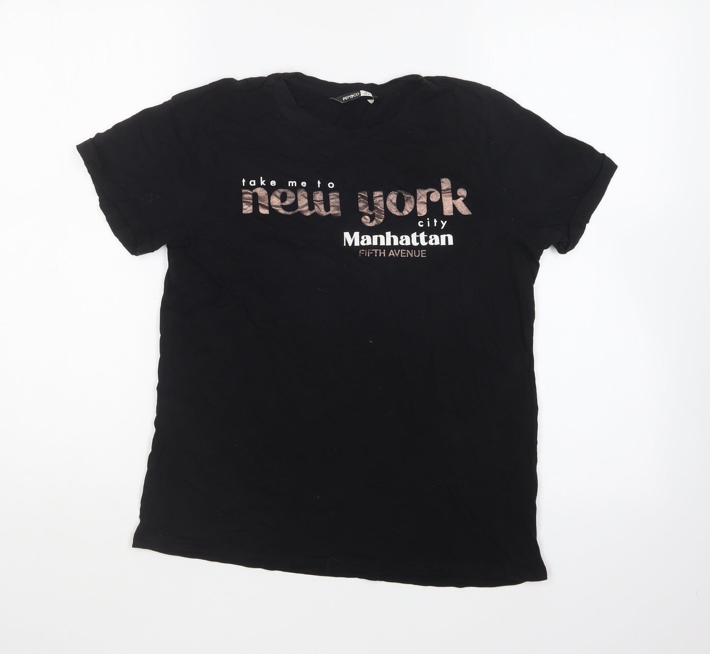 Pep & Co Womens Black Cotton Basic T-Shirt Size 8 Round Neck - New York