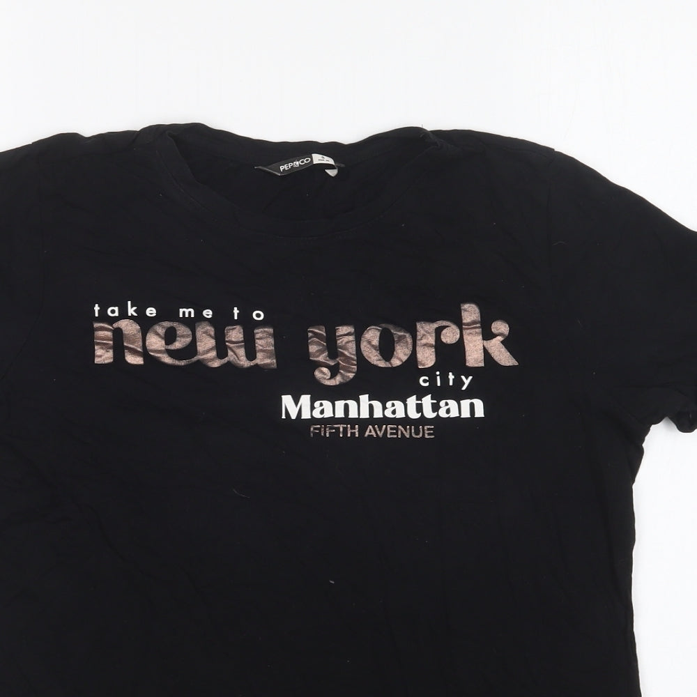 Pep & Co Womens Black Cotton Basic T-Shirt Size 8 Round Neck - New York