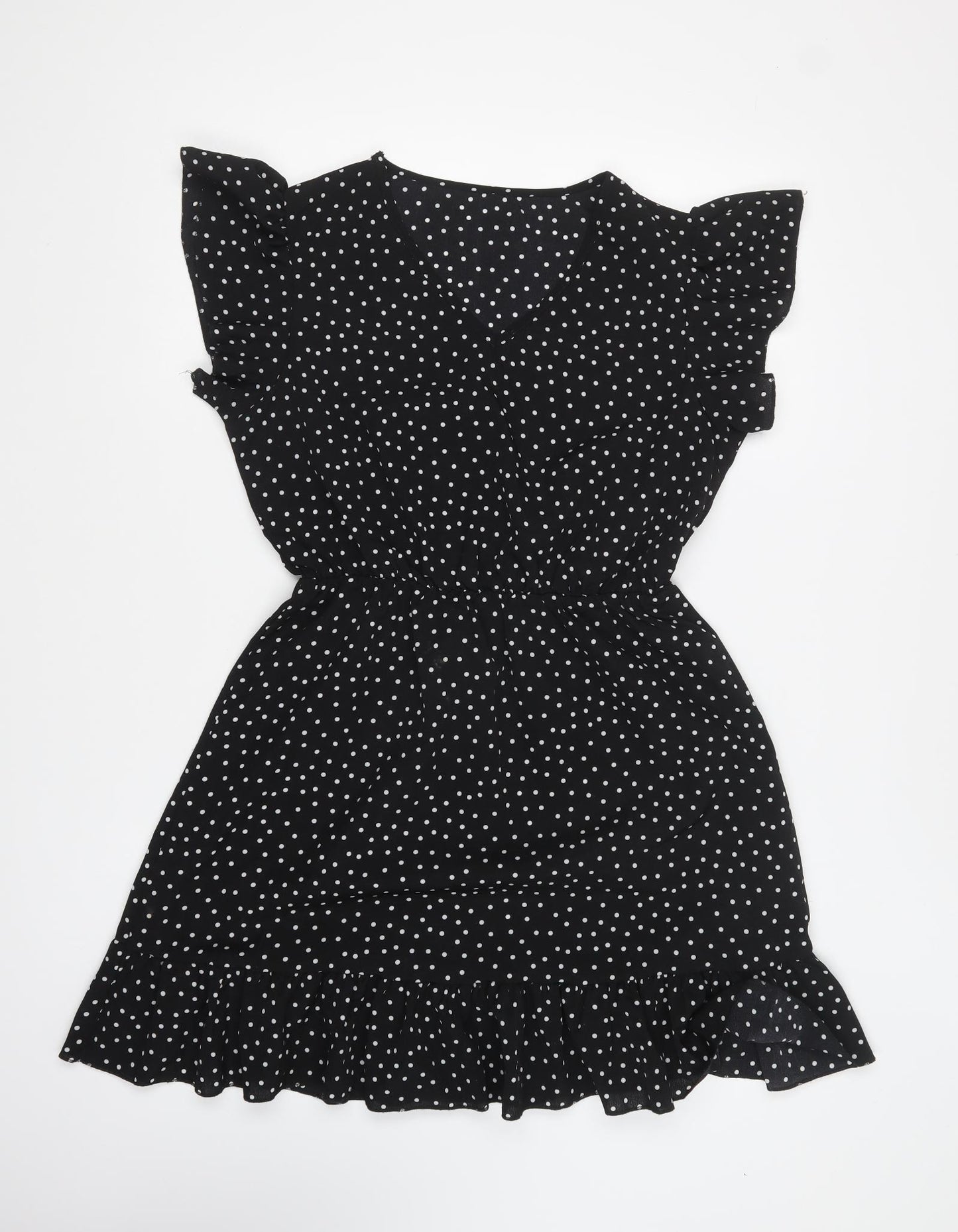 SheIn Womens Black Polka Dot Polyester Skater Dress Size S V-Neck Pullover