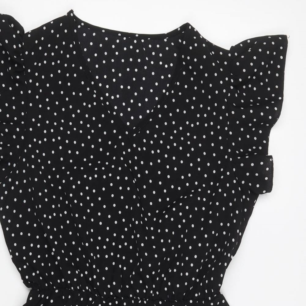 SheIn Womens Black Polka Dot Polyester Skater Dress Size S V-Neck Pullover