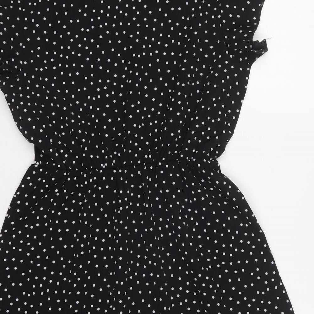 SheIn Womens Black Polka Dot Polyester Skater Dress Size S V-Neck Pullover