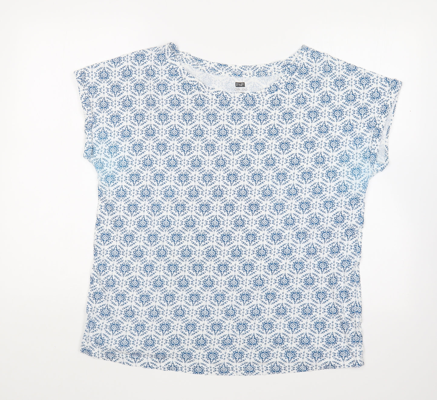 TU Womens Blue Geometric Cotton Basic T-Shirt Size 16 Round Neck