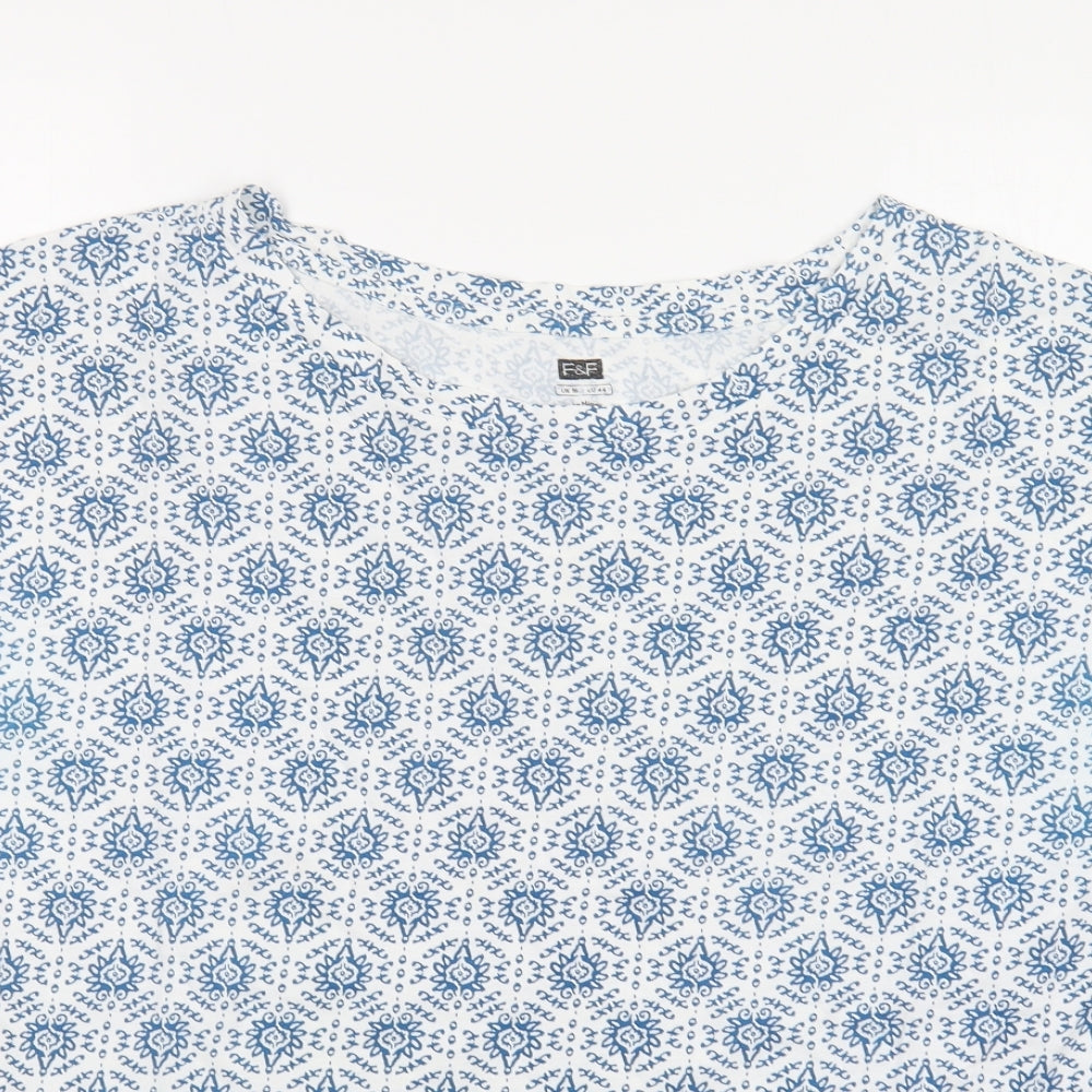 TU Womens Blue Geometric Cotton Basic T-Shirt Size 16 Round Neck