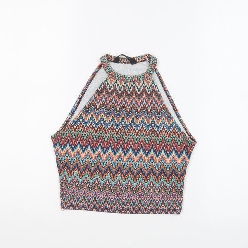 New Look Womens Multicoloured Geometric Polyester Cropped T-Shirt Size 10 Round Neck