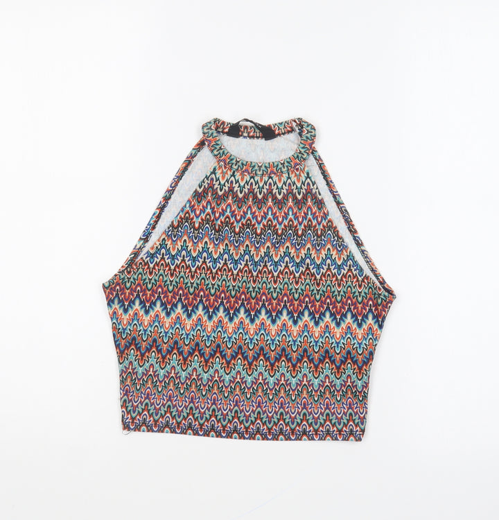 New Look Womens Multicoloured Geometric Polyester Cropped T-Shirt Size 10 Round Neck