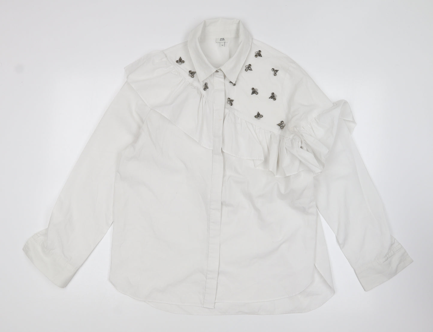 River Island Womens White Cotton Basic Button-Up Size 10 Collared