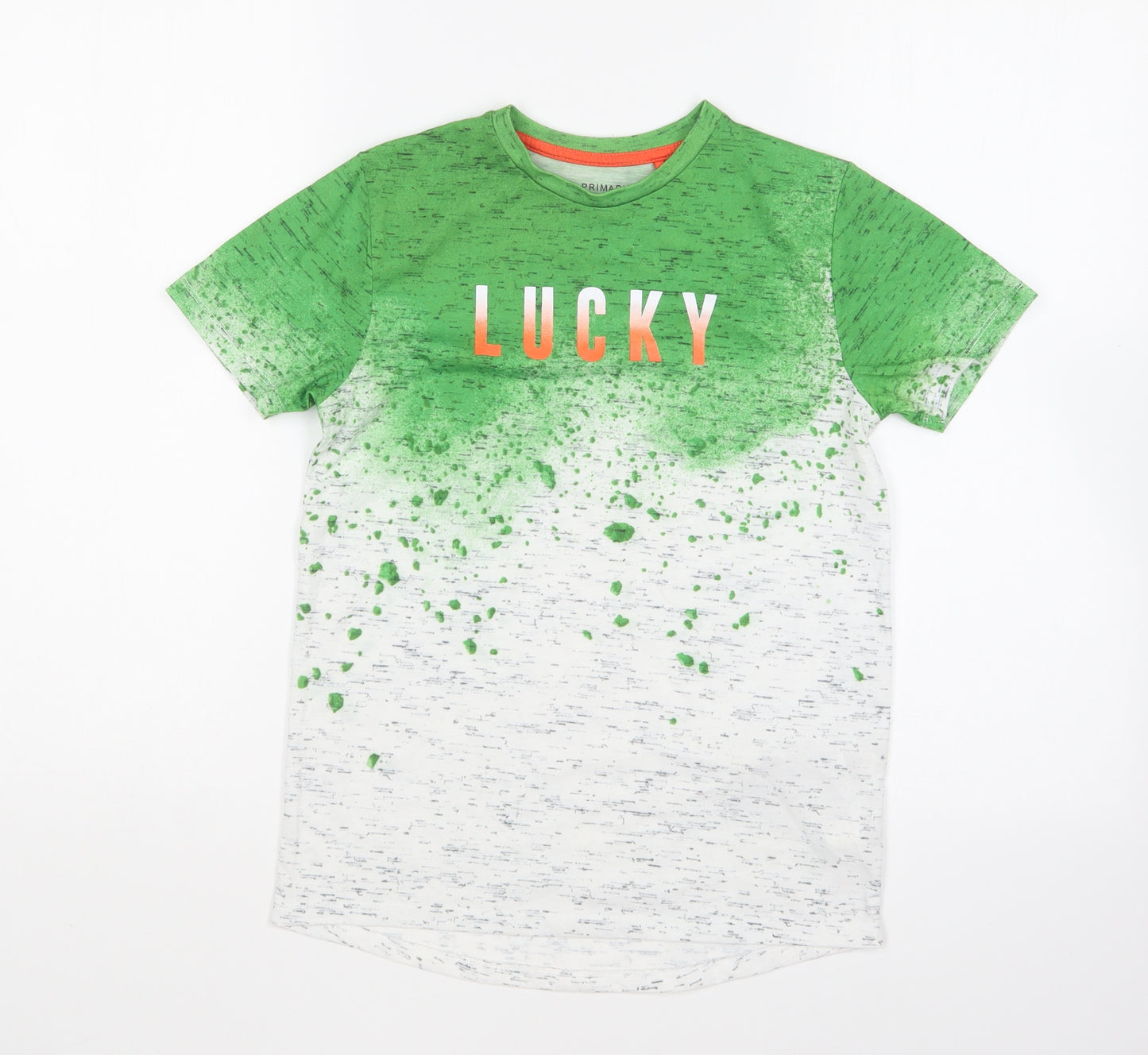 Primark Boys Green Cotton Basic T-Shirt Size 9-10 Years Round Neck Pullover - Lucky