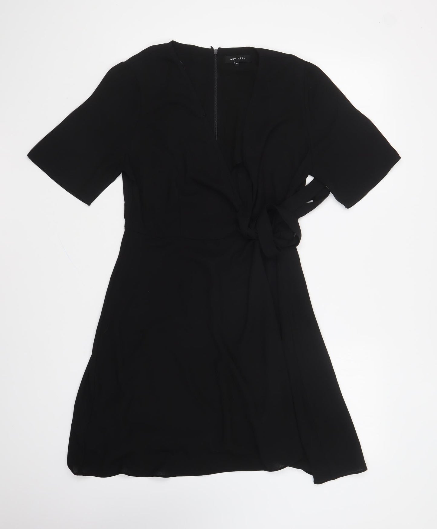 New Look Womens Black Cotton Wrap Dress Size 12 V-Neck Zip
