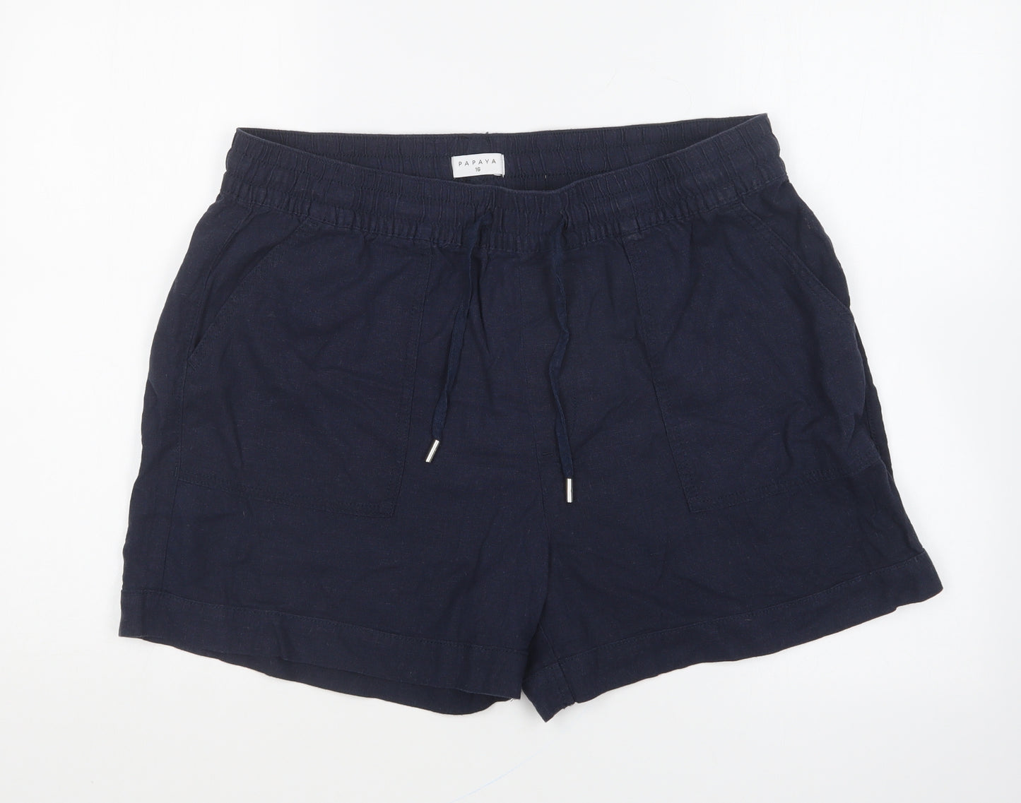 Papaya Womens Blue Linen Mom Shorts Size 16 L6 in Regular Drawstring