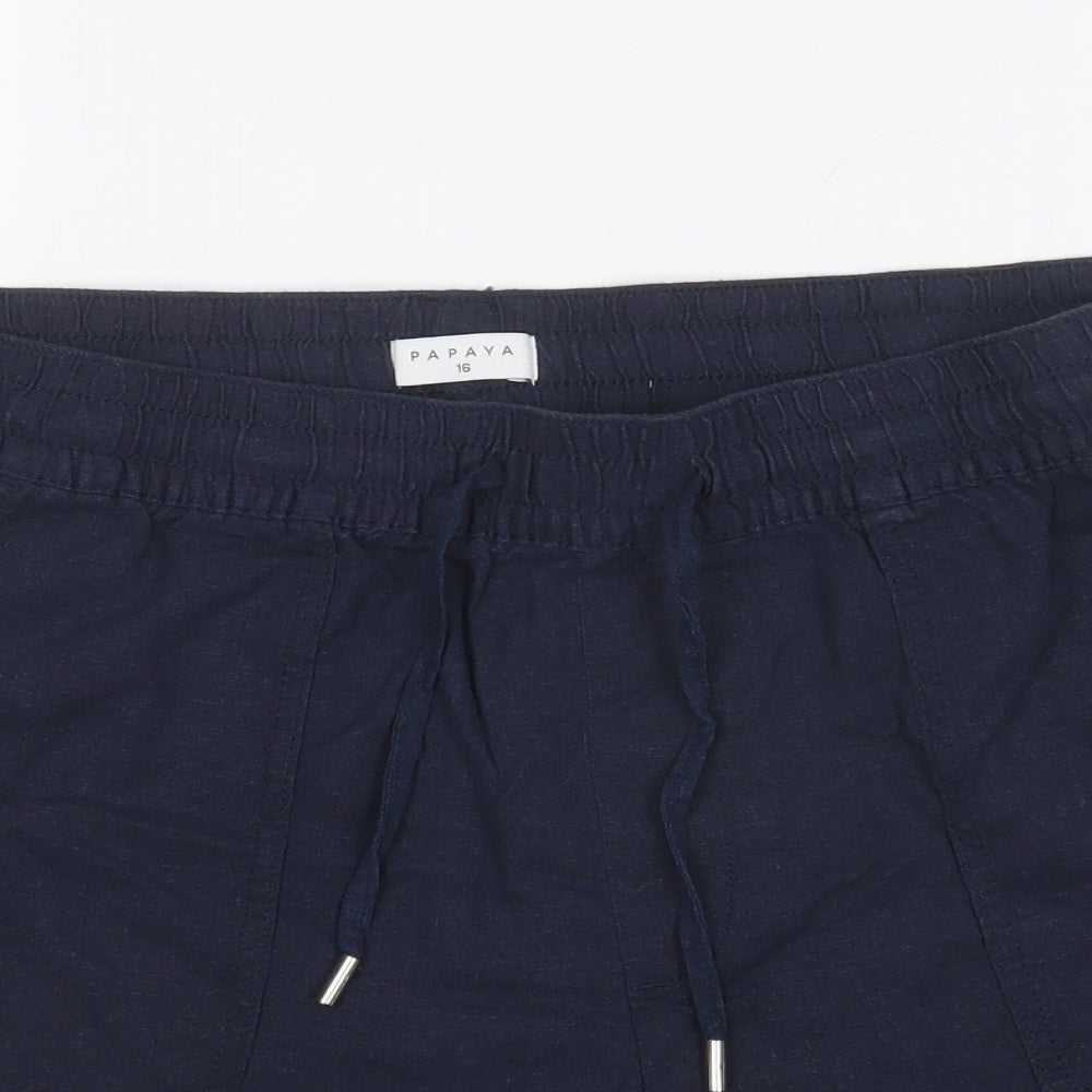 Papaya Womens Blue Linen Mom Shorts Size 16 L6 in Regular Drawstring