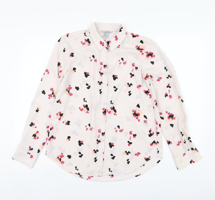 H&M Womens Pink Geometric Polyester Basic Button-Up Size XS Collared