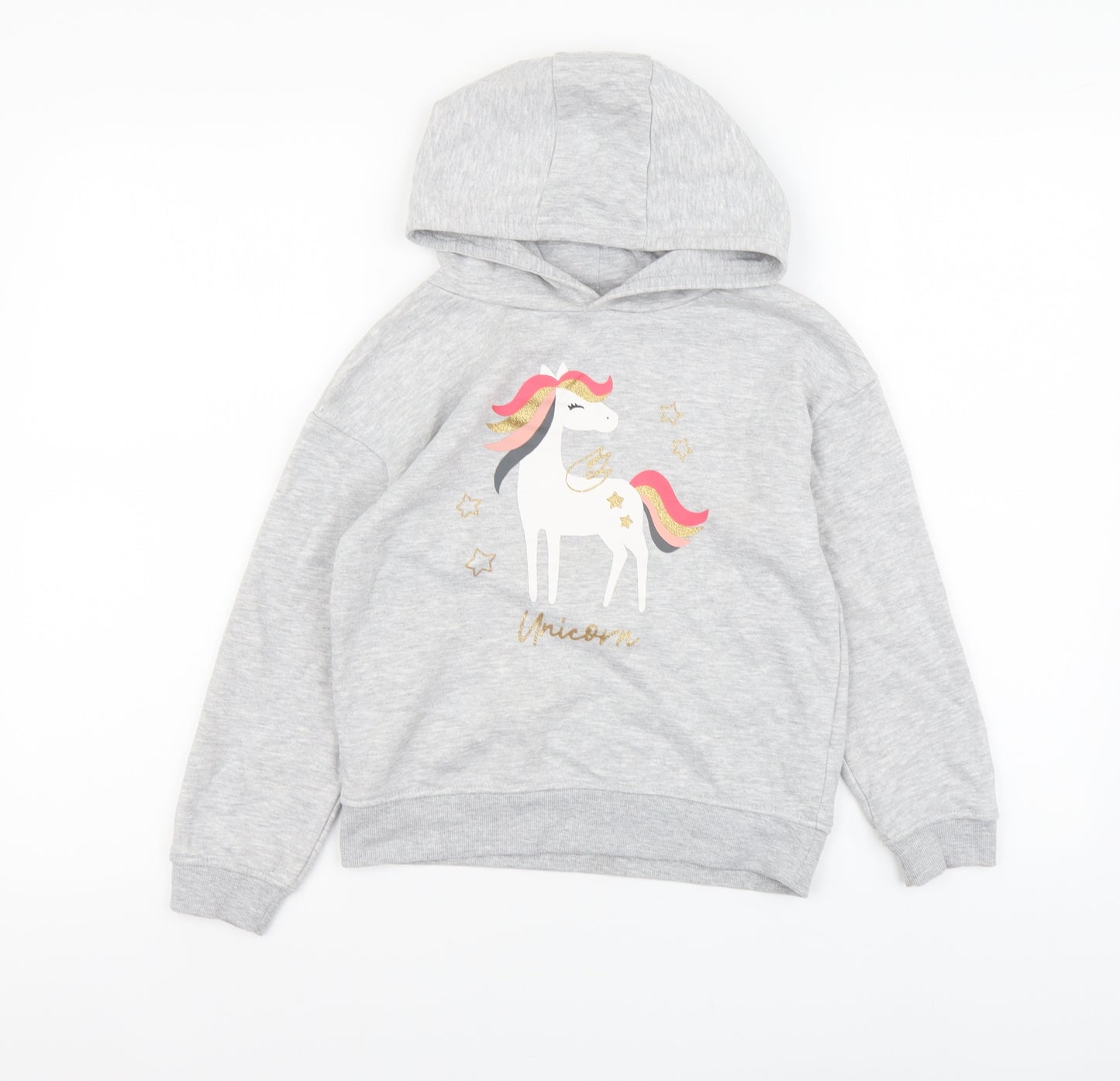 Primark Girls Grey Cotton Pullover Hoodie Size 7-8 Years Pullover - Unicorn