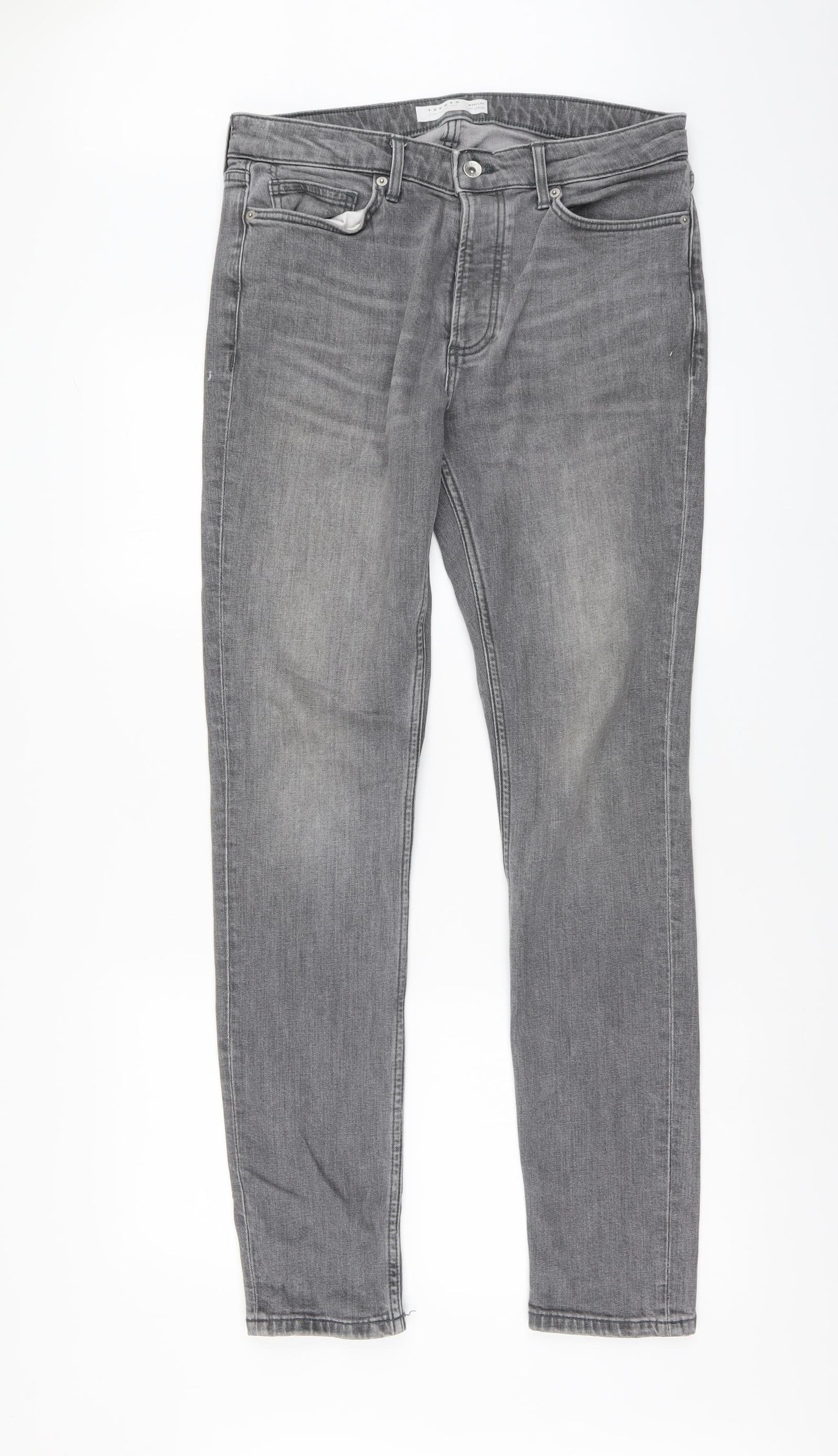 Topman Mens Grey Cotton Skinny Jeans Size 32 in L32 in Regular Button