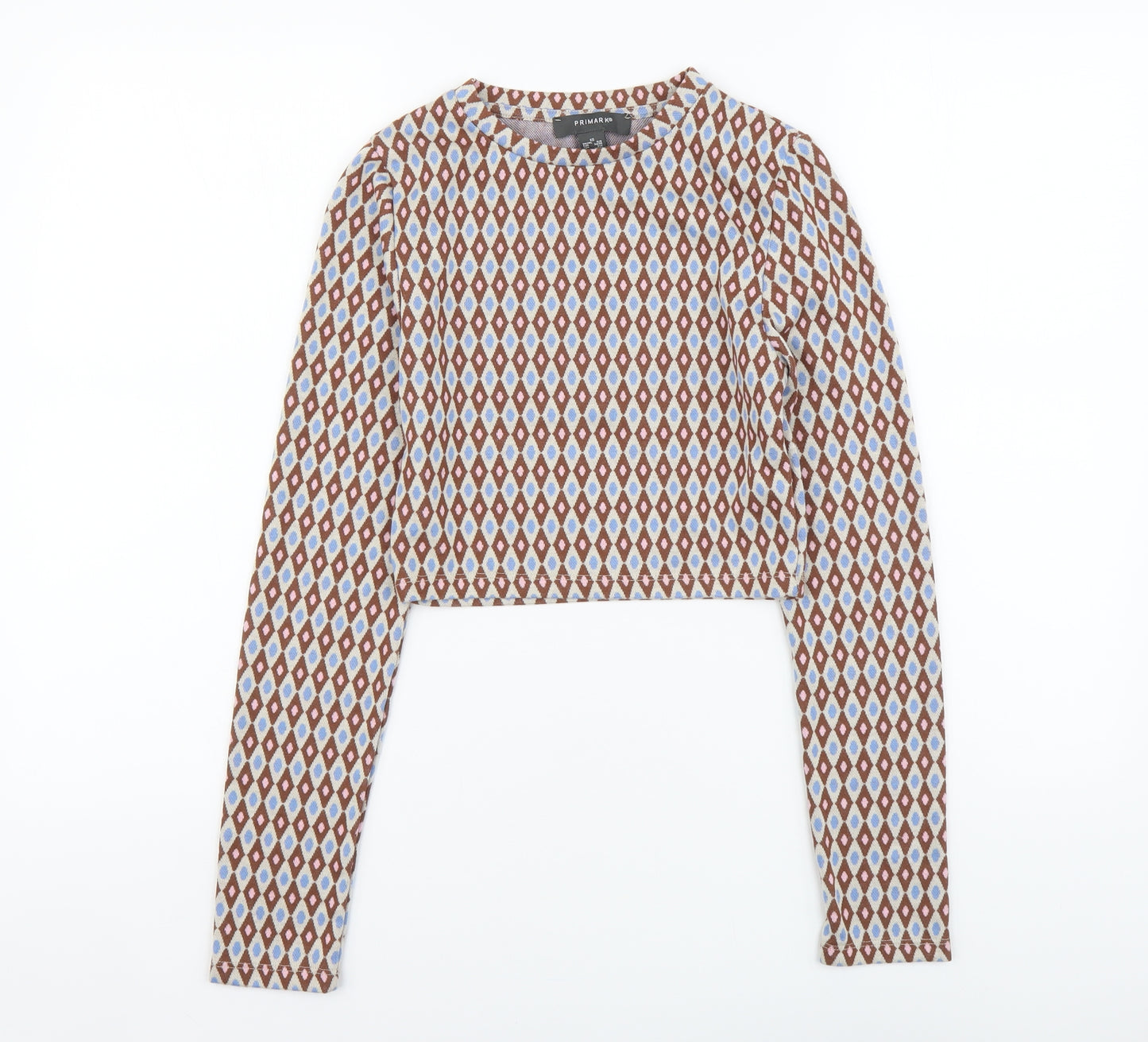 Primark Womens Multicoloured Geometric Polyester Cropped T-Shirt Size XS Round Neck