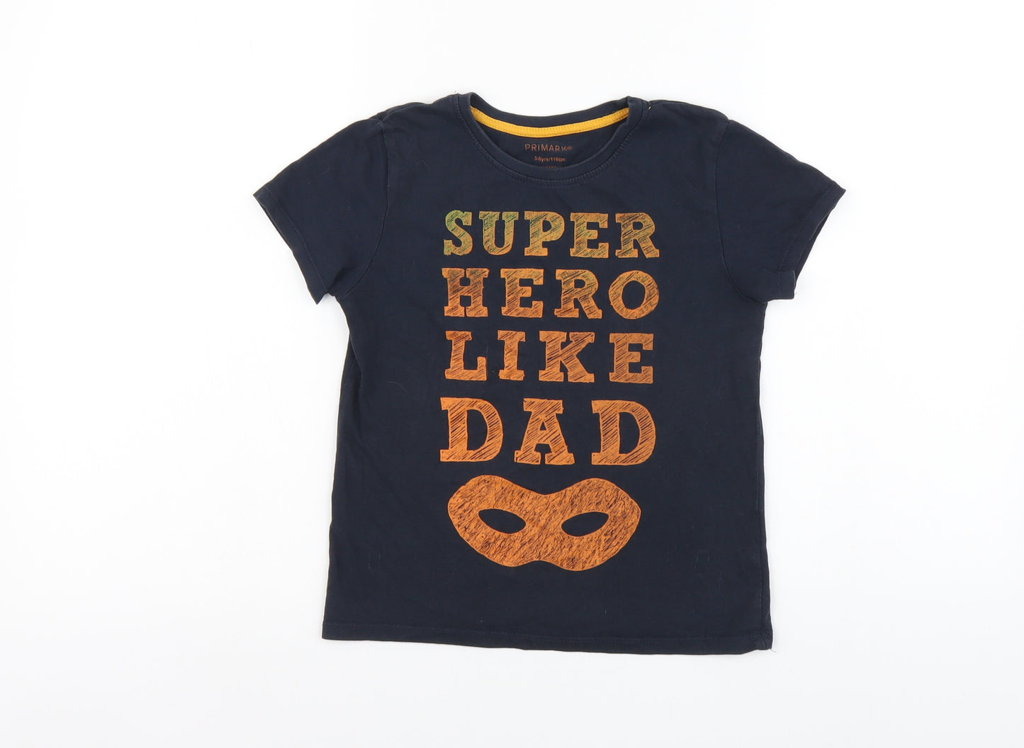Primark Boys Blue Cotton Basic T-Shirt Size 5-6 Years Round Neck Pullover - Super Hero Like Dad