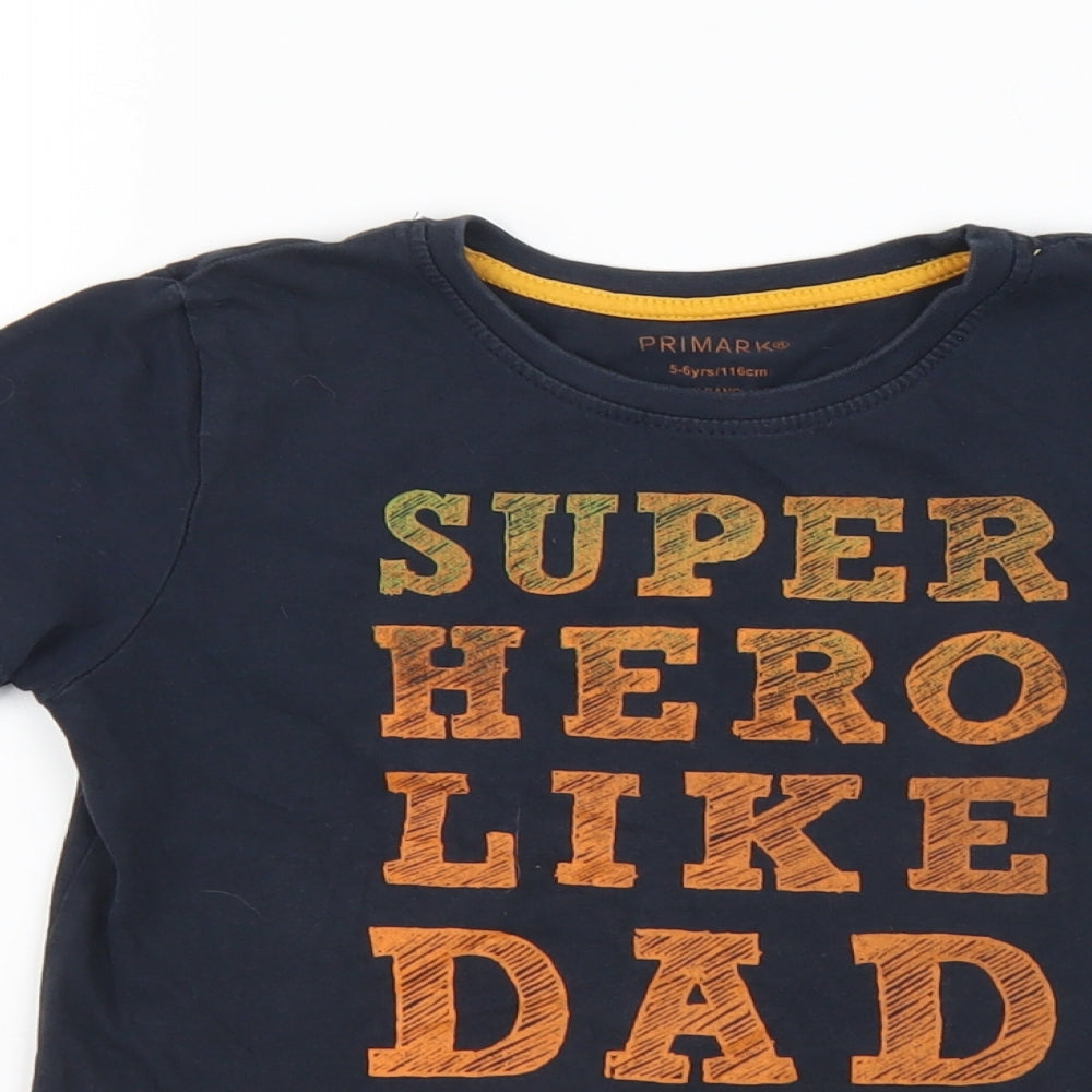 Primark Boys Blue Cotton Basic T-Shirt Size 5-6 Years Round Neck Pullover - Super Hero Like Dad