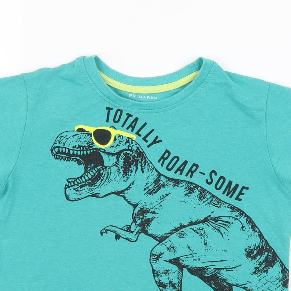 Primark Boys Green Cotton Basic T-Shirt Size 5-6 Years Round Neck Pullover - Dinosaur