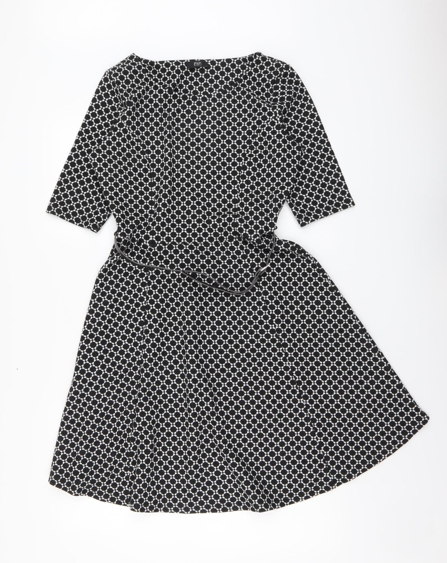 F&F Womens Black Geometric Polyester Skater Dress Size 14 Round Neck Pullover