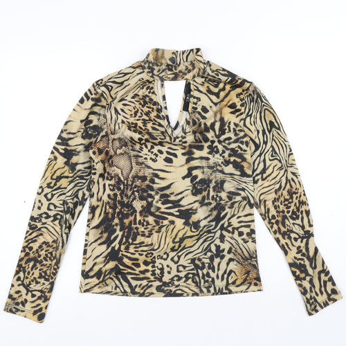Julien Macdonald Womens Yellow Animal Print Polyester Basic Blouse Size 12 High Neck - Leopard Print