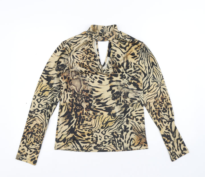 Julien Macdonald Womens Yellow Animal Print Polyester Basic Blouse Size 12 High Neck - Leopard Print