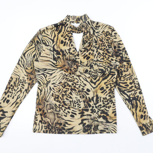 Julien Macdonald Womens Yellow Animal Print Polyester Basic Blouse Size 12 High Neck - Leopard Print