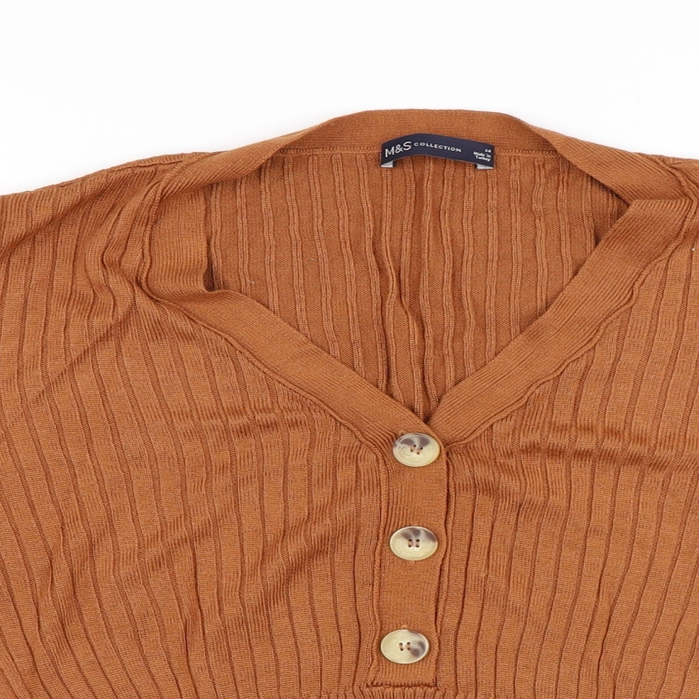 Marks and Spencer Womens Brown Viscose Basic T-Shirt Size 14 V-Neck