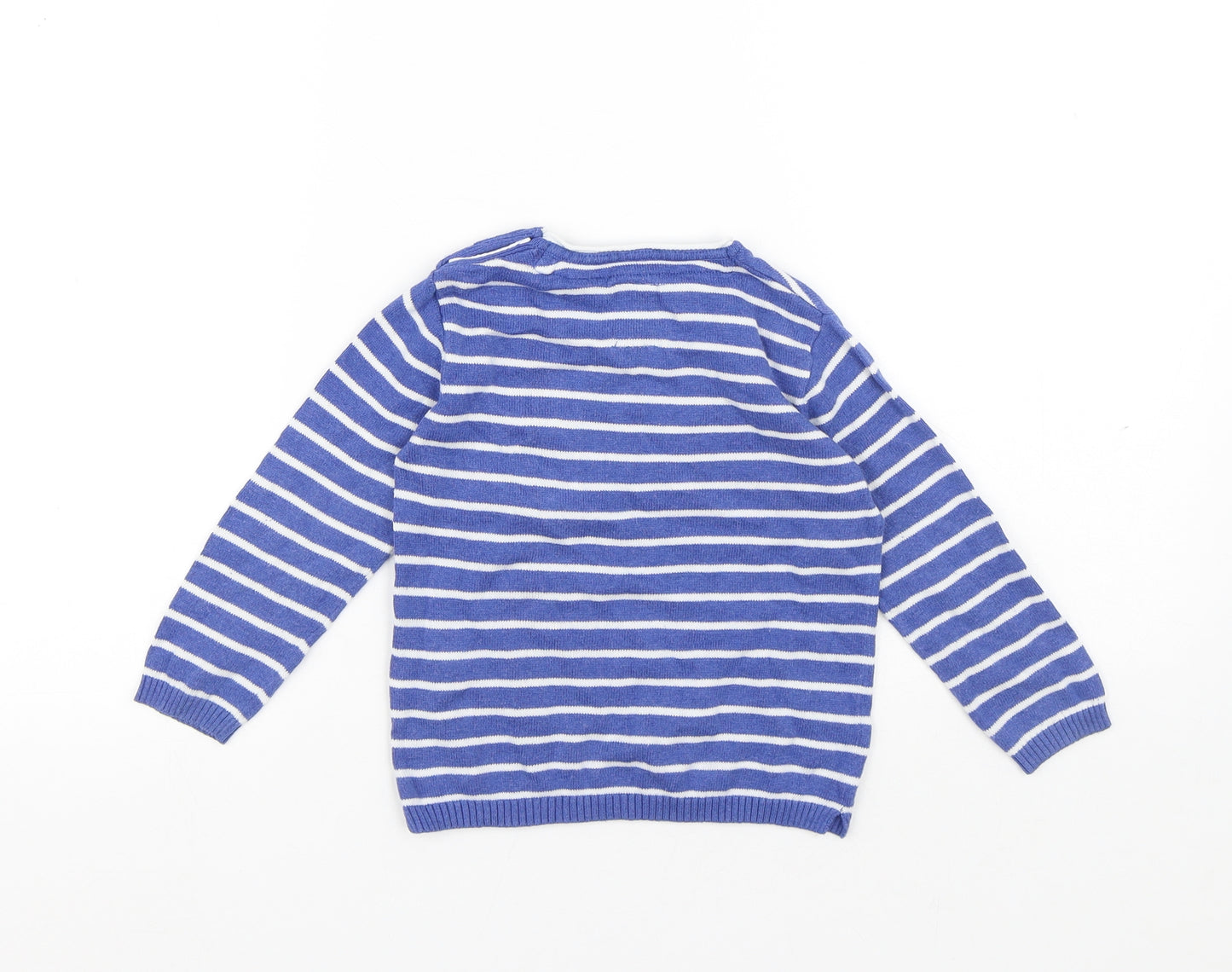 Zara Boys Blue Round Neck Striped Cotton Pullover Jumper Size 2-3 Years Button