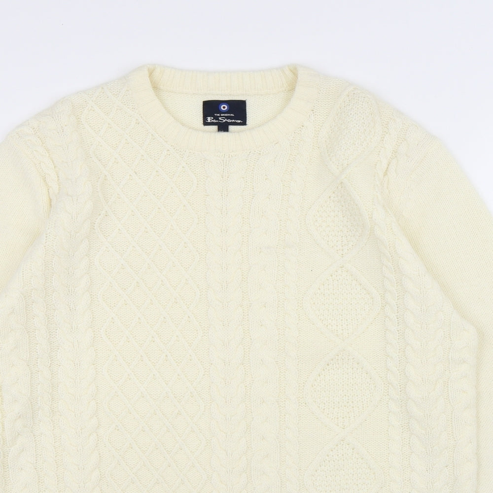 Ben Sherman Mens White Round Neck Acrylic Pullover Jumper Size S