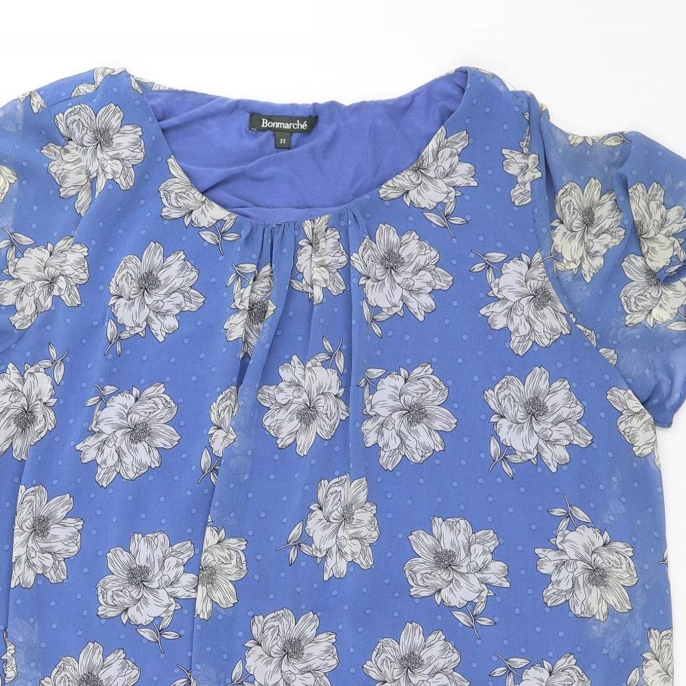 Bonmarché Womens Blue Floral Viscose Basic T-Shirt Size 22 Round Neck