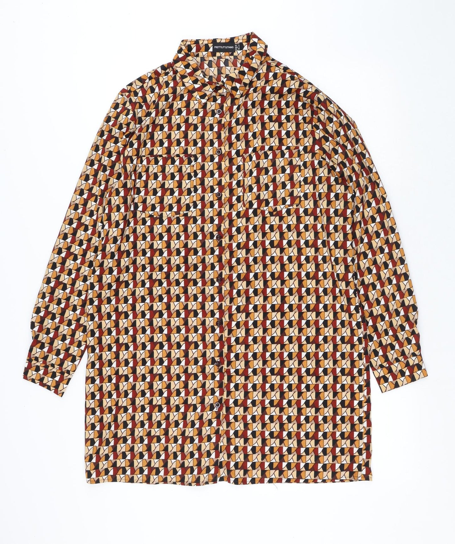 PRETTYLITTLETHING Womens Multicoloured Geometric Polyester Shirt Dress Size 6 Collared Button