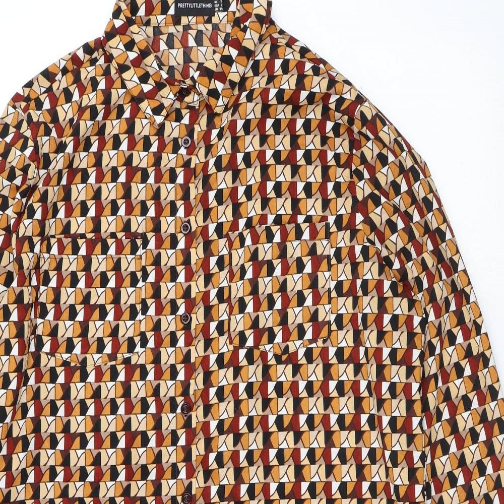 PRETTYLITTLETHING Womens Multicoloured Geometric Polyester Shirt Dress Size 6 Collared Button