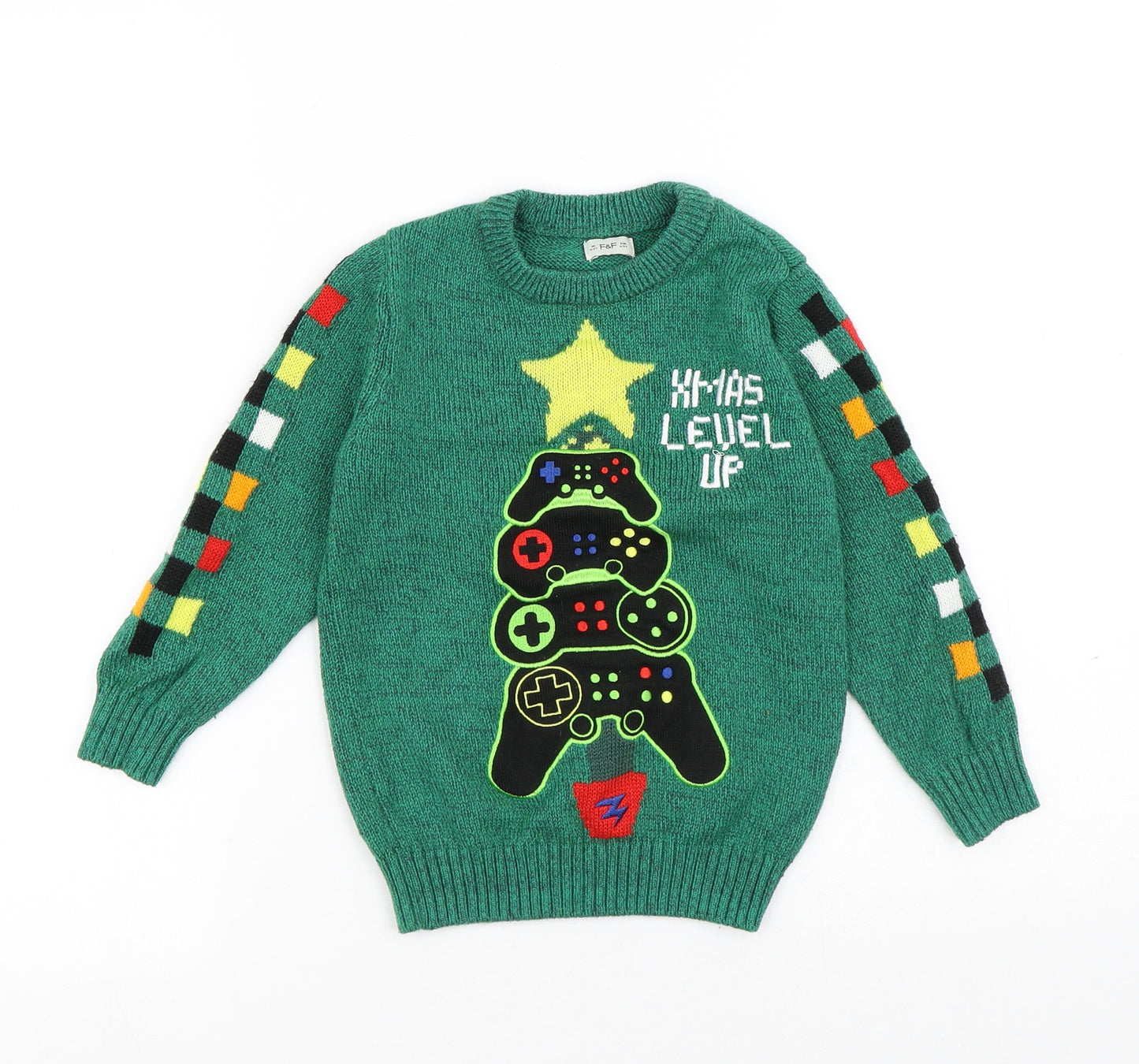 F&F Boys Green Round Neck Acrylic Pullover Jumper Size 4-5 Years - Christmas level up