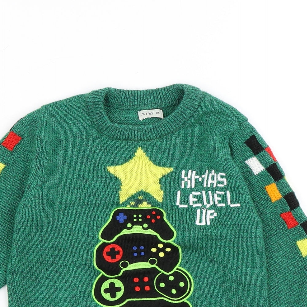 F&F Boys Green Round Neck Acrylic Pullover Jumper Size 4-5 Years - Christmas level up