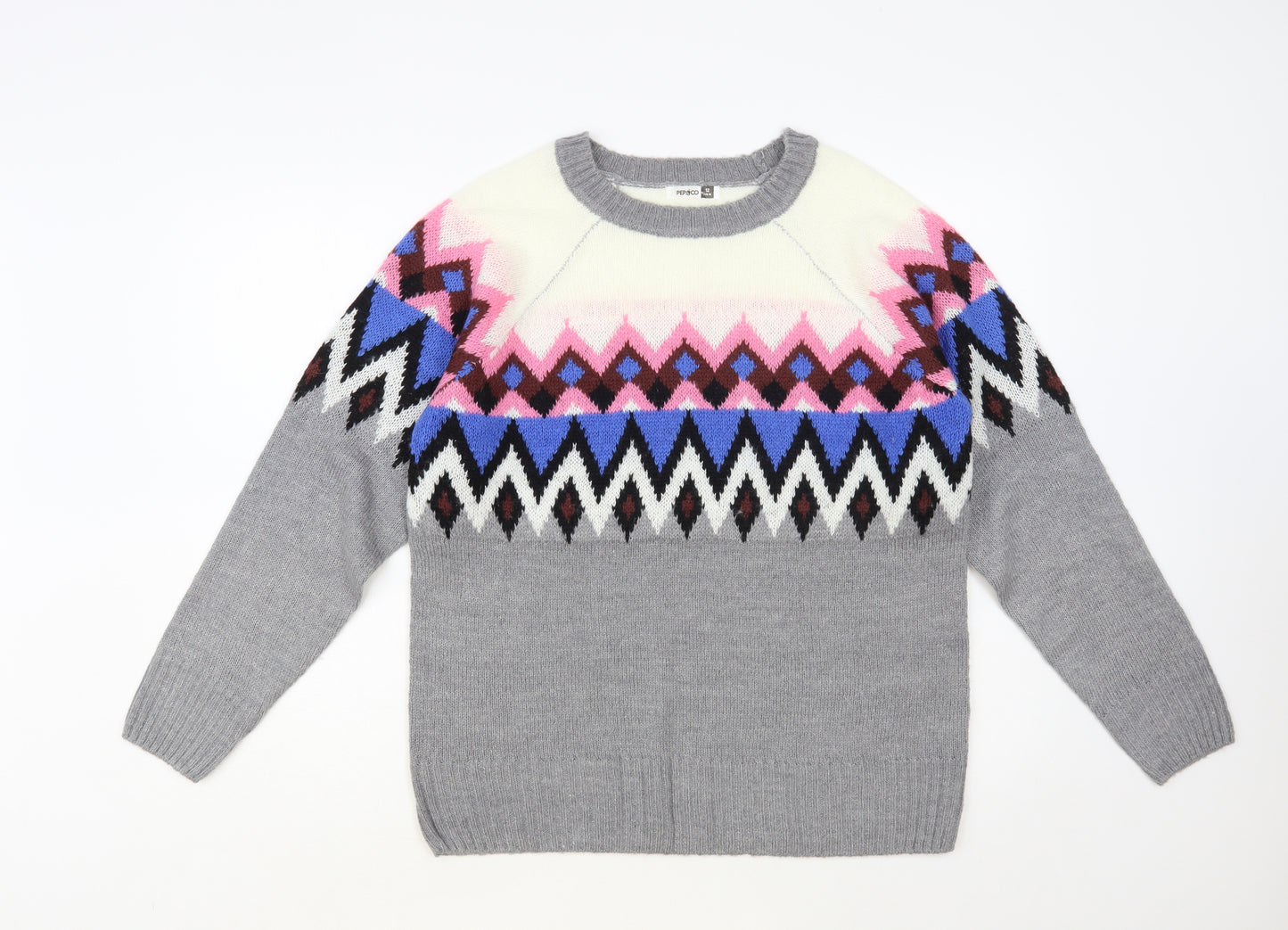 PEP & Co Womens Multicoloured Crew Neck Geometric Acrylic Pullover Jumper Size 12