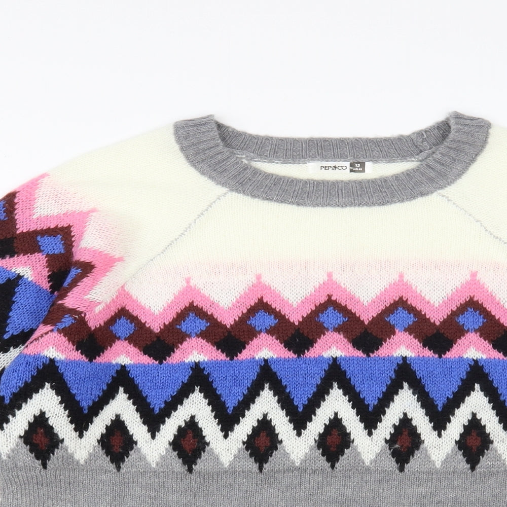PEP & Co Womens Multicoloured Crew Neck Geometric Acrylic Pullover Jumper Size 12