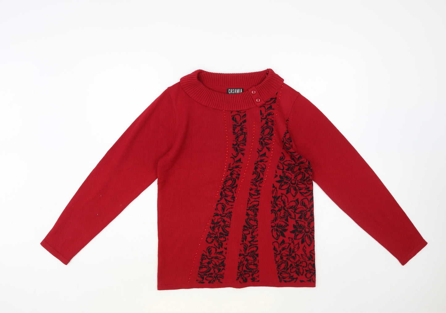 Casamia Womens Red Roll Neck Floral Acrylic Pullover Jumper Size S